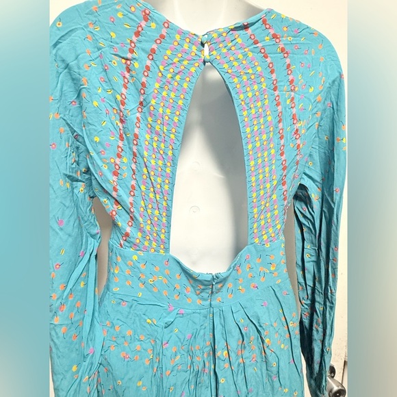 Free People Coryn Mini Dress Front Cut Out Pleated Blue/Green Open Back - Picture 6 of 10